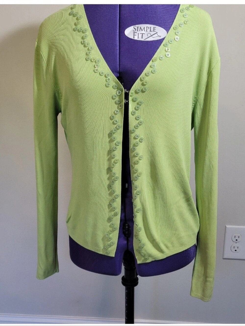 Finity Lime Green Buttons Embellished V-Neck Long SL Open Cardigan Sweater S LG